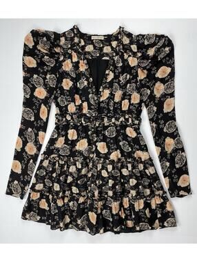 Ulla Johnson Winsor Dress Noir Floral Puff Sleeve Ruffle Silk Mini Size 4
